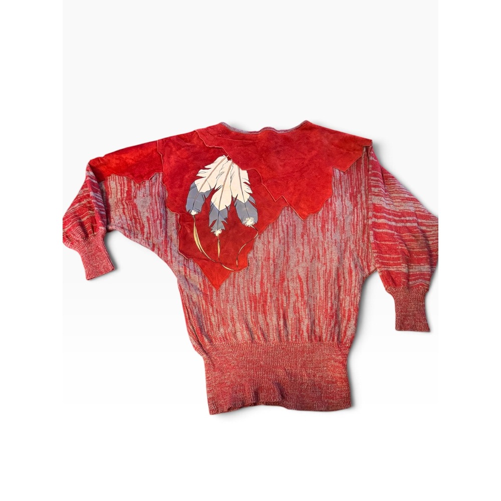 Vintage Pioneer Wear Red Suede Feather Knit Sweater Womens Medium Western 80s